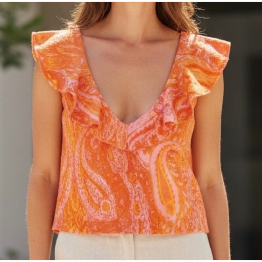 Zara Orange Pink Paisley Ruffle V-Neck Crop Top Women's S